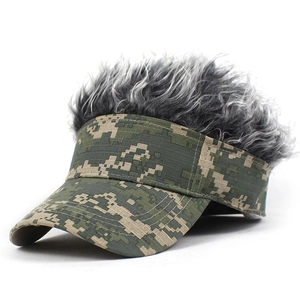 Detailed side view of green digital camo baseball cap with fuzzy grey synthetic hair on top