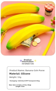Banana-shaped silicone coin purse showing inner capacity with coins and 21x6x2.5cm dimensions