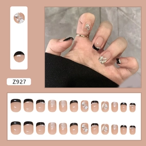 Faux ongles French noirs avec perles et paillettes, ensemble de 24 pièces chic