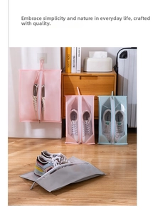 Three waterproof shoe storage bags in pink blue and gray with transparent PVC windows