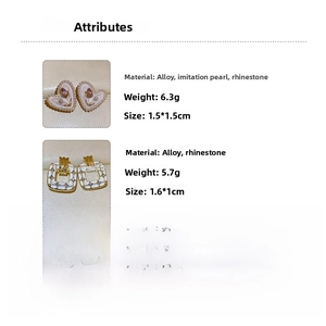 Detailed view of heart and square stud earrings with faux pearls and rhinestones
