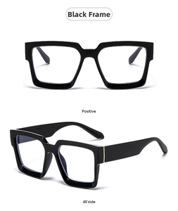 Front and 45-degree side views of classic oversized black square frame glasses