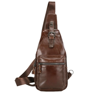 Men's genuine leather sling bag in dark brown with adjustable strap and front zipper pocket