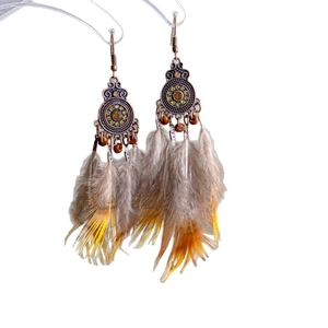 Vintage bohemian feather drop earrings with wood beads and mandala flower design