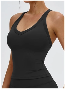 Vue latérale du débardeur de yoga noir ajusté avec col en U et tissu élastique doux