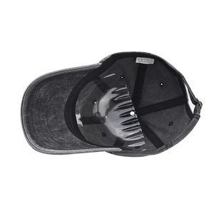 Internal view of a washed cotton baseball cap featuring stitching and sweatband detail