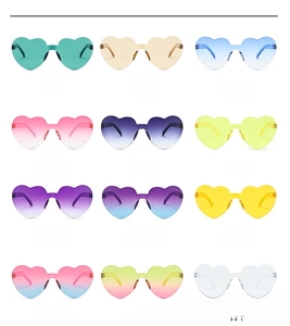 Detailed grid of twelve colorful rimless heart-shaped sunglasses in vibrant jelly tones