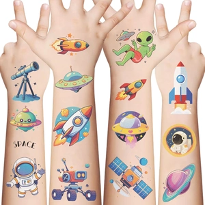 Kids waterproof space temporary tattoos featuring rockets and astronauts on arms