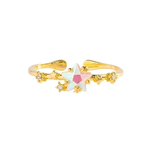 Golden 18K gold-plated star open ring with colorful opal stone and cubic zirconia