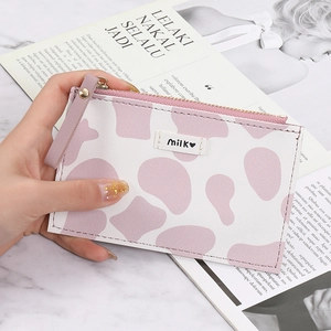 Cute Cow Print Strawberry Pattern Coin Purse PU Leather Zipper Card Holder With ID Window Portable Wristlet Wallet For Women