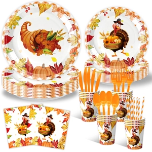 Detailed Thanksgiving party tableware set with turkey and pumpkin patterns on white background