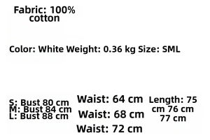 Größentabelle für weißes Baumwollkleid mit Maßen für Brust, Taille und Länge in Zentimetern