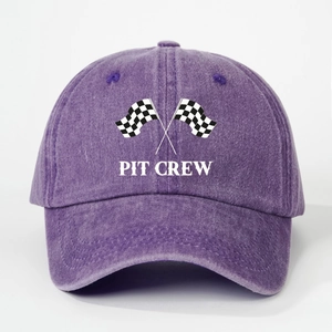Purple washed denim baseball cap with checkered flags and PIT CREW racing embroidery