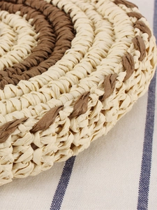 Artistic woven paper rope crossbody circle bag in beige and dark brown fiber