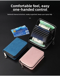 Detail view of large capacity accordion card holder showing internal slots and zipper