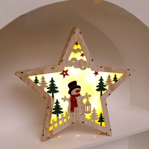 Wooden star LED light with Christmas snowman scene for holiday window decoration