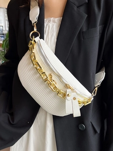 White woven crossbody chest bag for women with gold chain detail and wide strap