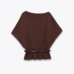Dark brown batwing sleeve knit top with a slim black belt for a stylish draped silhouette