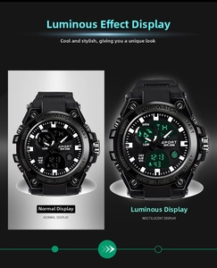Dual display sports watch showing luminous night mode and 30M water resistance