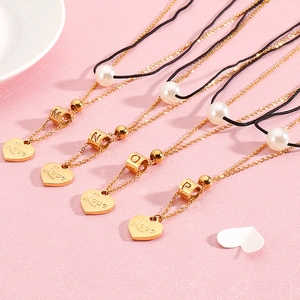 Heart Love Pendant Necklace Stainless Steel White Artificial Pearl Black Cord Initial Letter Cylindrical Bead Layered Accessory Women