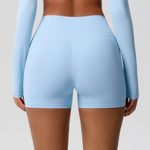 High-waisted light blue yoga shorts with tummy control and lifting effect for fitness