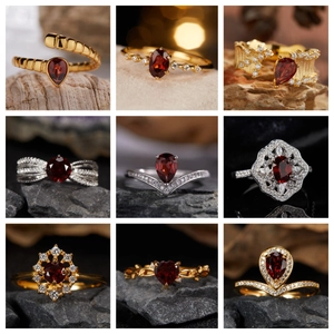 925 Sterling Silver Plated 18K Gold Natural Garnet Rings For Women Minimalist Vintage Red Gemstone Snake Heart Bow Adjustable Open Rings