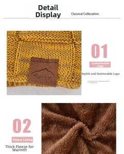 Detail of chunky knit yellow beanie with warm brown fleece lining and sport leather patch