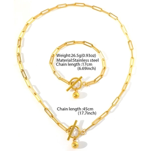 Gold stainless steel OT clasp necklace and bracelet jewelry set with sphere pendants