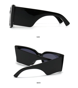 Detailed side and back view of retro oversized sunglasses with wide temples in glossy black