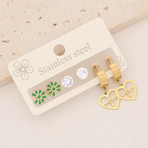 Detailed set of stainless steel heart charms, green floral studs, and zircon earrings