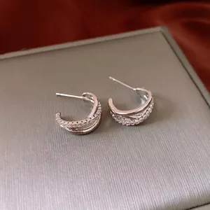 Silver cross hoop earrings with cubic zirconia and S925 silver needles for women