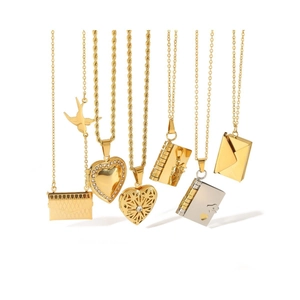 Stainless steel necklace collection with envelope, heart, and book pendants in gold and silver