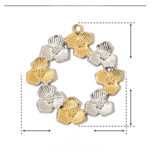 Macro view of stainless steel flower pendant showing dimensions and material details