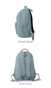 Detailed side and back view of a water-resistant nylon backpack with anti-theft pockets
