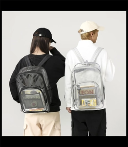 Detail view of transparent PVC backpack with reinforced seams and side mesh pocket