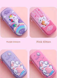 Macro view of various EVA 3D cartoon stationery boxes with unicorn and cat designs