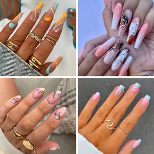 Fashion Press On Nails Artificial False Nails French Gradient Marble Floral Patterns Ballerina Coffin Shapes Women Manicure Decoration