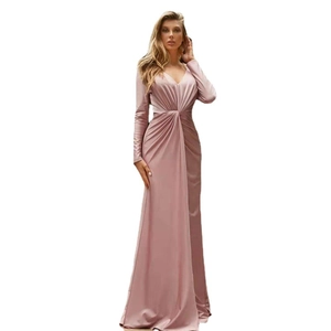 Elegant mauve satin long sleeve V-neck floor-length evening dress with waist knot detail