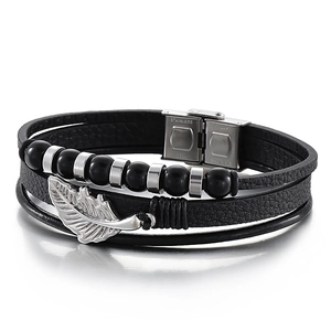 Men's multi-layer braided leather bracelet with stainless steel beads and silver feather charm