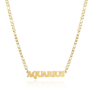 Detail of 18K gold plated Aquarius zodiac pendant on a polished Figaro chain necklace