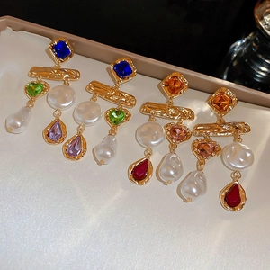Vintage baroque style gold earrings with colorful crystals and hanging white pearls