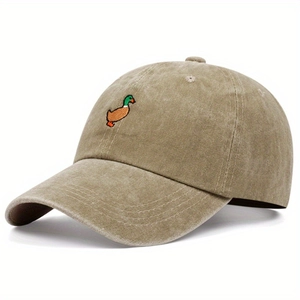 Khaki washed cotton baseball cap featuring detailed mallard duck embroidery on front