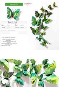 Set of 12 green 3D butterfly wall stickers in various sizes with waterproof PVC texture