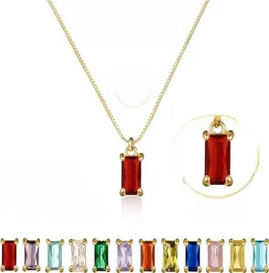 Detail of 14K gold plated emerald cut necklace with size specs and multi-color options