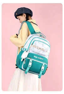 Detail of ergonomic padded shoulder straps and side pocket on a green student backpack