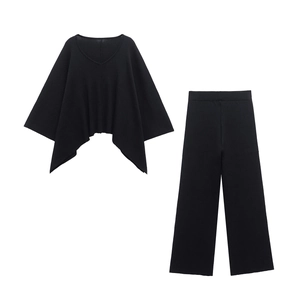 Donna Maglia A Coste Scollo A V Maniche A Pipistrello Top Largo E Pantaloni Larghi Casual Streetwear Trama A Coste