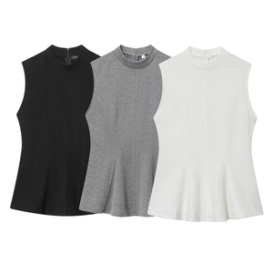 Mouwloze Peplum Top Met Opstaande Kraag Polyester Gebreid Rits Achterkant Slim Fit Elegant Voor Dames