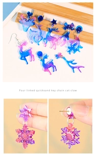 Detail view of blue and purple glitter resin earrings in deer and snowflake shapes