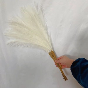 Close-up of white artificial pampas grass plumes with natural stalks for boho decor