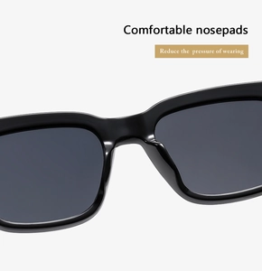Macro detail of comfortable integrated nose pads on black square frame sunglasses